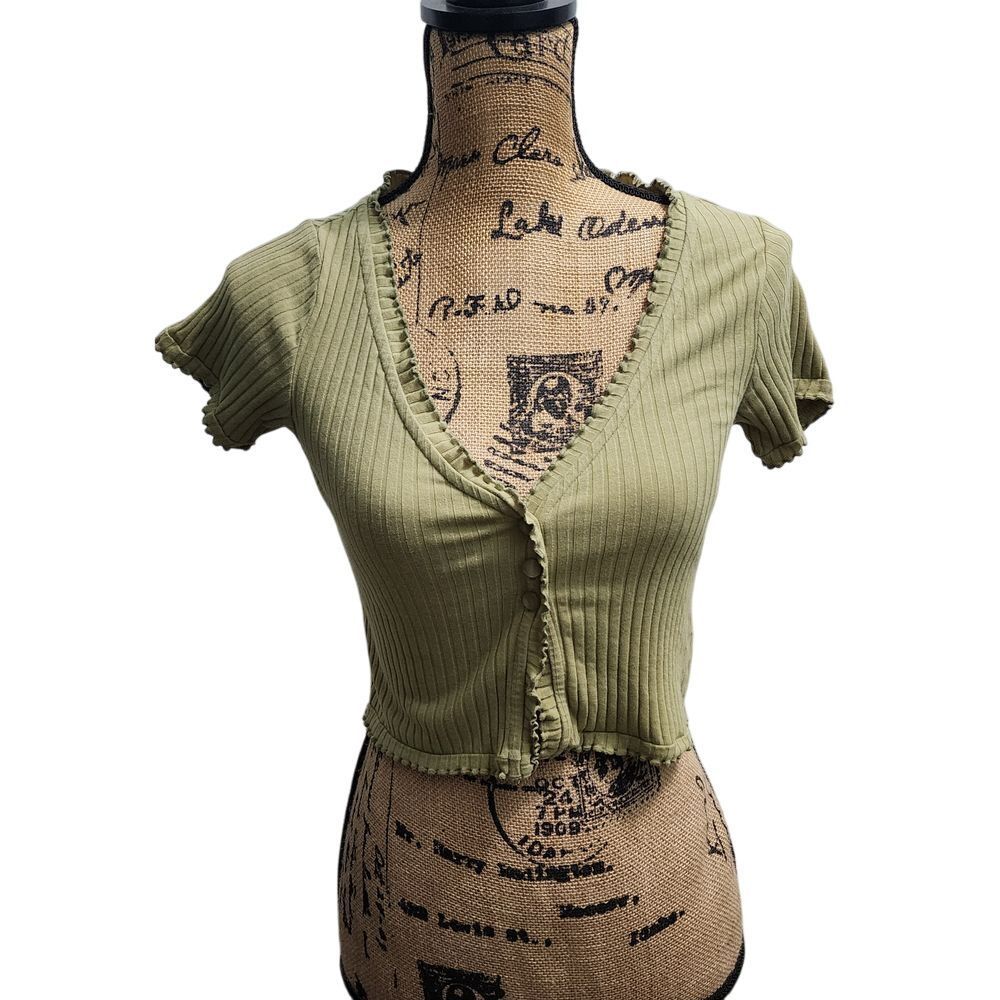 PAC Sage Green Ribbed Crop Top Button Front Short Sleeve Y2K‎ Style Size S